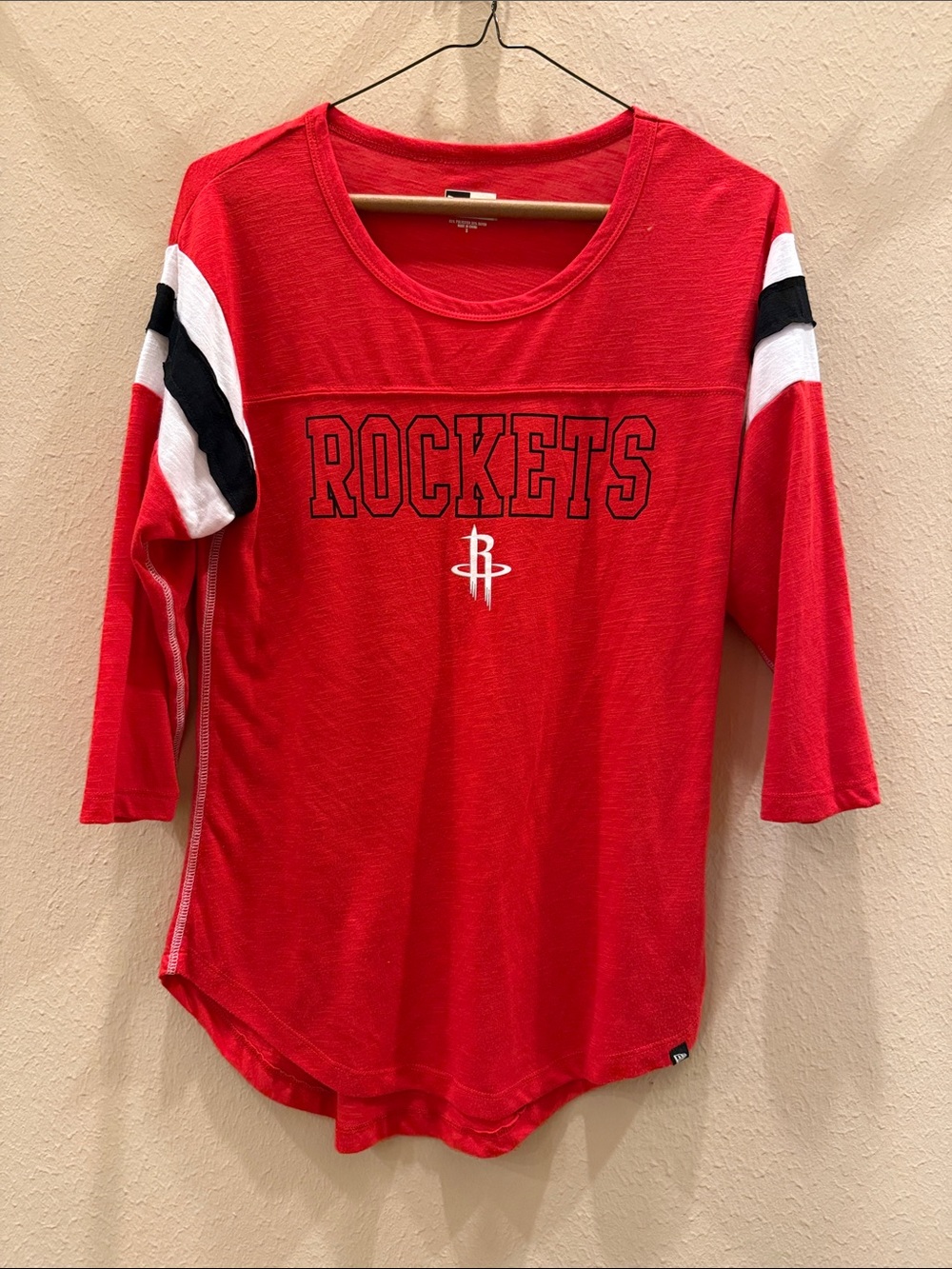 New Era Red Houston Rockets Long Sleeve Tee with Black & White Sleeve Stripes
